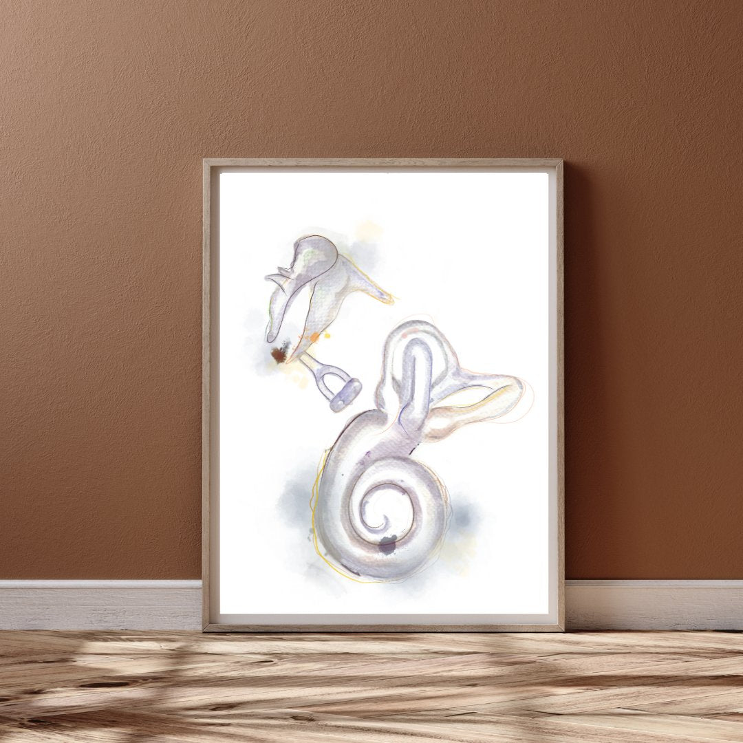ear anatomy art with watercolor flowers black background modern