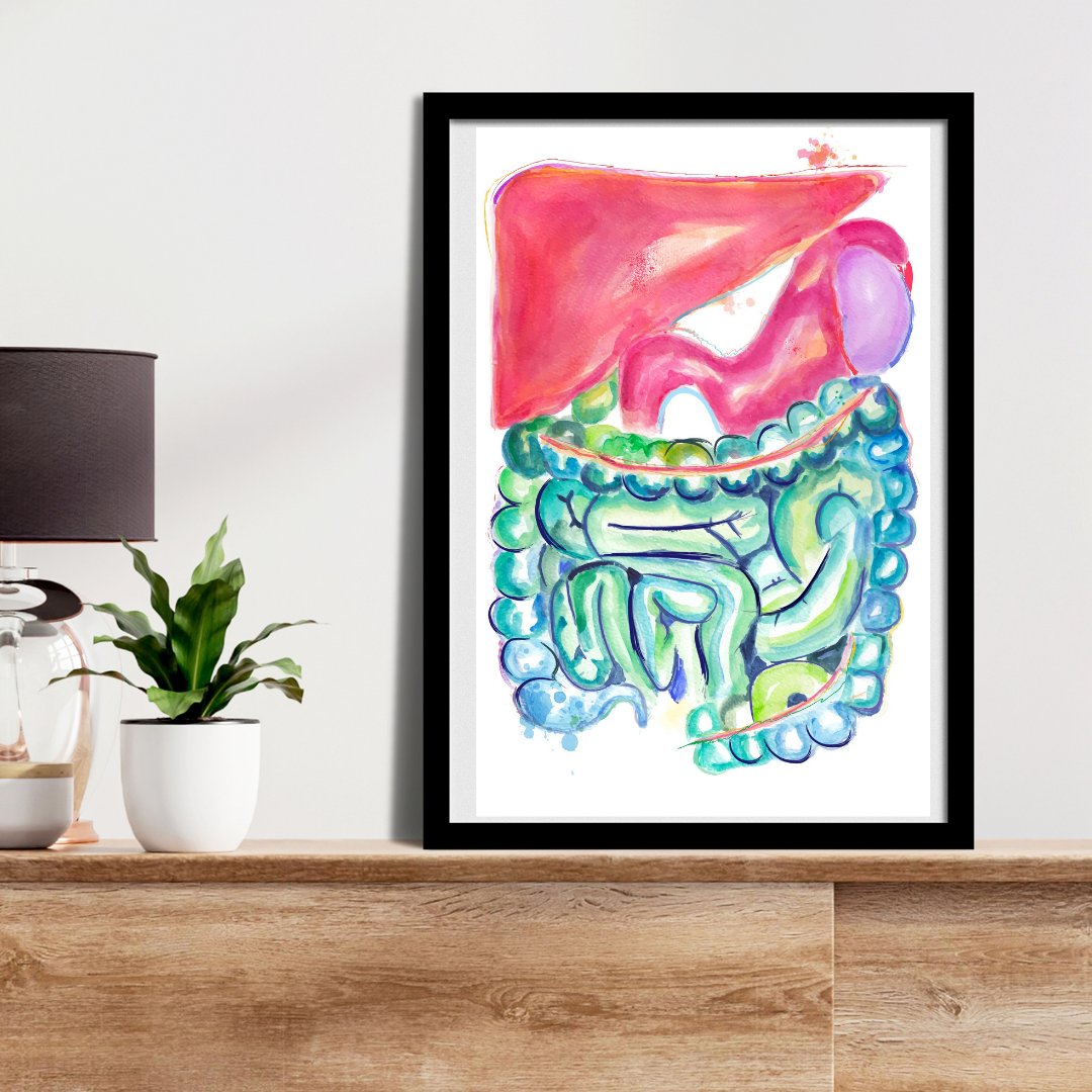 gastroenterology artwork with watercolor flowers modern black background pop art