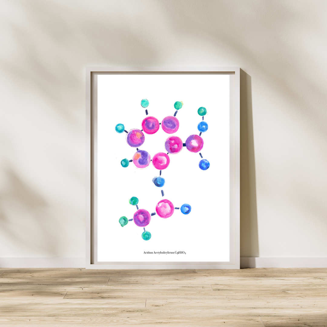 Aspirin Molecule Chemistry Watercolor Illustration